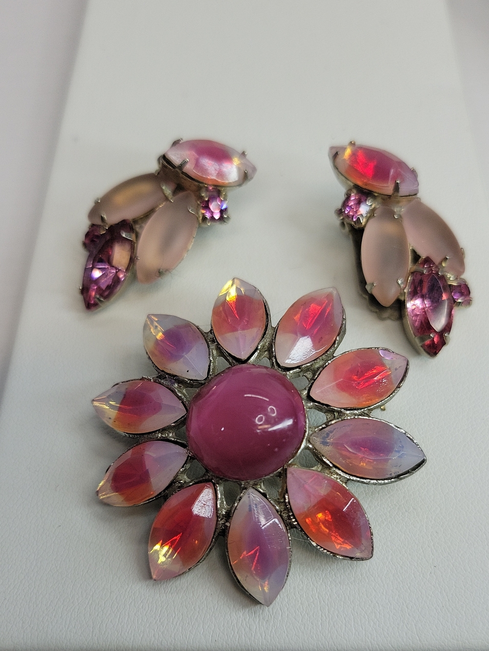 Vintage Pink Glass Brooch and Earring Set